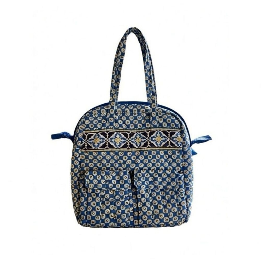 Vera Bradley Tall Zip Tote Riviera Blue Shoulder Laptop Bag Blue Yellow